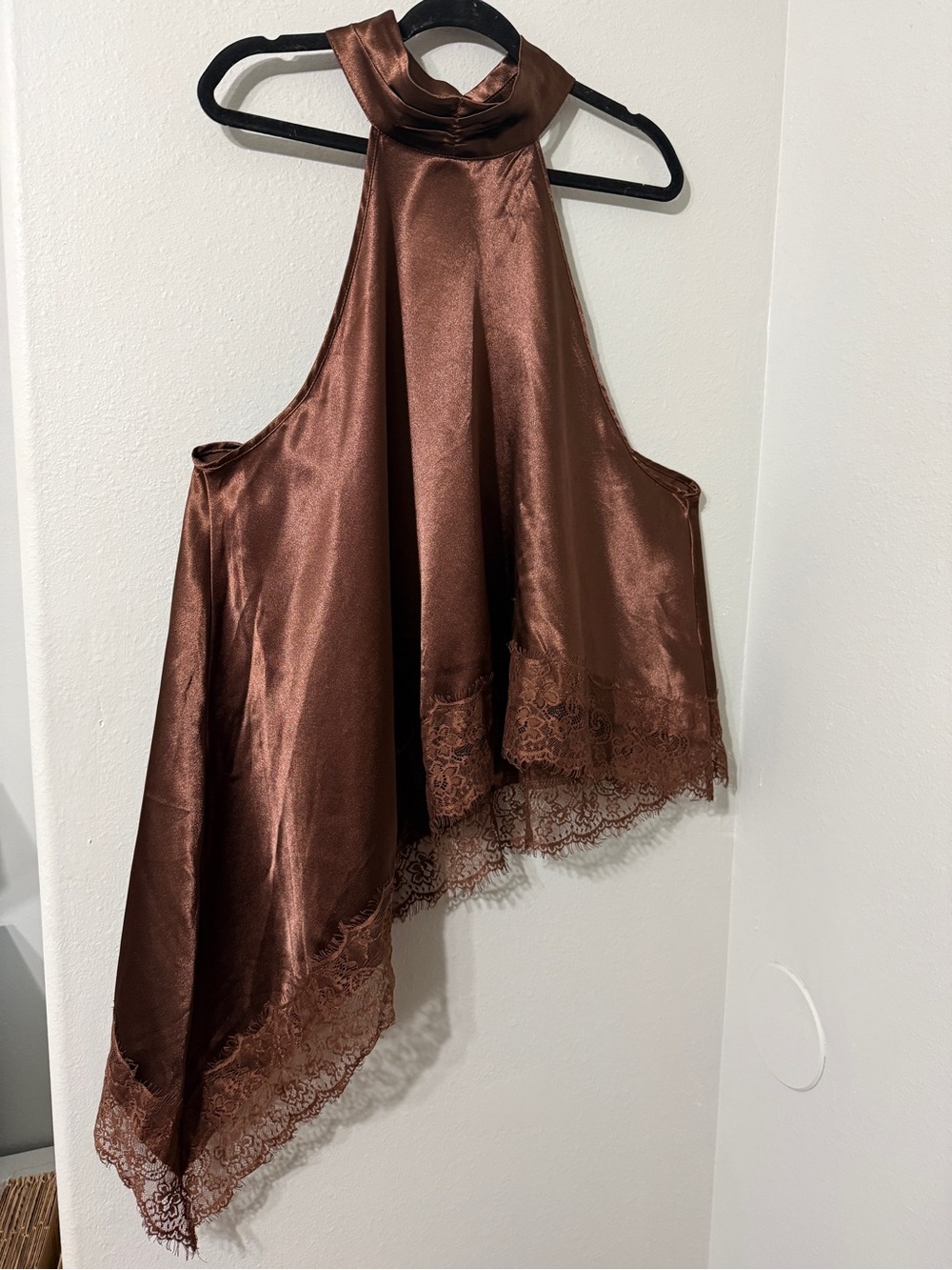 Gorgeous Shiny Satin Halter Top Asymmetric Lace Trim Rich Brown Size 3X